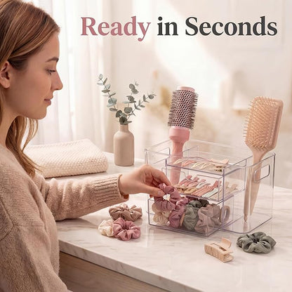 Hair Accessories Organizer for Girls & Women, 2-Drawer Clear Plastic Hair Brush Holder with 3 Compartments, Vanity Countertop Makeup Organizer for Hair Ties, Clips & Bobby Pins