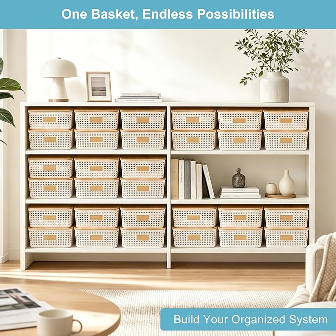 Bagnizer 4 Pack Plastic Storage Bins with Bamboo Lids, 6.2qt Stackable Storage Organizer Box with Lable for Pantry Shelves Drawers Desktop Office, 12"L x 8.3"W x 3.5"H, Cream White