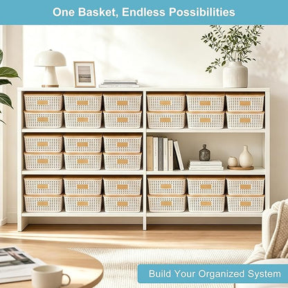 Bagnizer 4 Pack Plastic Storage Bins with Bamboo Lids, 6.2qt Stackable Storage Organizer Box with Lable for Pantry Shelves Drawers Desktop Office, 12"L x 8.3"W x 3.5"H, Cream White