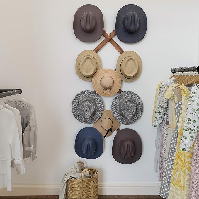 SKOLOO Large Hat Rack for Wall, Wooden Accordion Wall Hanger, Modern, Expandable Coat Hooks, Hat Display Rack for Home, Office, and Studio, 11 Peg, Dark Walnut