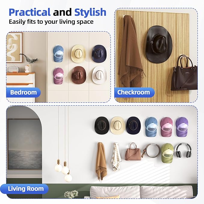 Cowboy Hat Rack(12Pack) - Wide Brimmed Organizer - Strong Adhesive Cowboy Holder - 2.2Inch Hooks for Walls - 2 Mounting Option Holder - Hangers for Doors and Closets - Clear
