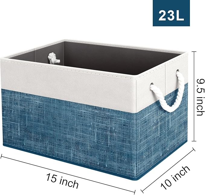Fab totes Storage Bins 2-Pack, Foldable Storage Baskets for Organizing Toys, Books, Shelves, Closet, Large Storage Box with Rope Handles, Sturdy Organizer Bins, White & Blue