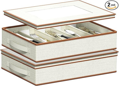 Aokeyee 2-Pack Silverware Storage Box, Sturdy Flatware Organizer with 5 Compartments & Adjustable Dividers, Utensil Case with Clear Lid & Handle for Knives, Forks & Spoons, Ivory