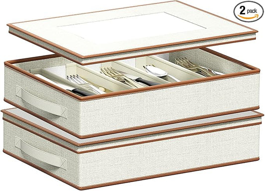 Aokeyee 2-Pack Silverware Storage Box, Sturdy Flatware Organizer with 5 Compartments & Adjustable Dividers, Utensil Case with Clear Lid & Handle for Knives, Forks & Spoons, Ivory