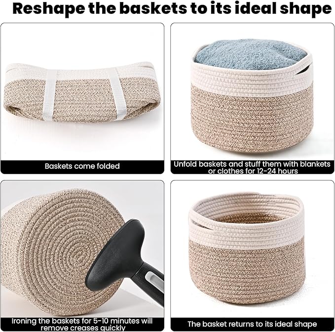 ICERZCZ Small Storage Baskets for Organizing, Organizer Baskets for Shelves, Small Woven Basket for Storage, Cute Brr Basket for Gifts Empty, 9.7"×9.7"×7" (3 Packs) Off White & Brown