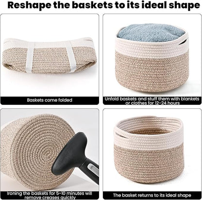 ICERZCZ Small Storage Baskets for Organizing, Organizer Baskets for Shelves, Small Woven Basket for Storage, Cute Brr Basket for Gifts Empty, 9.7"×9.7"×7" (3 Packs) Off White & Brown