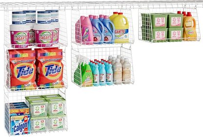 3-Pack Large Hanging Laundry Basket: Wire shelves for Laundry Room Organization with 360°Rotating Hooks Foldable Space Saving Over Washer and Dryer Shelves -Metal Laundry Basket Holder, White Patent