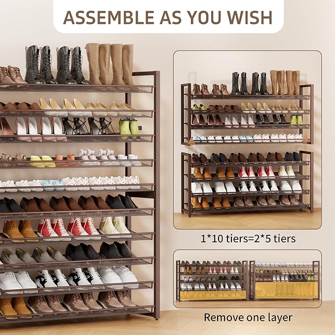 Metal Shoe Rack,Large 10 Tier Shoe Organizer, Heavy Duty Metal 5-Tier Stackable Shoe Storage Vertical Shoe Rack for Closet Front Door Entrance,Entryway,GarageUp to 62 Pairs,Bronze