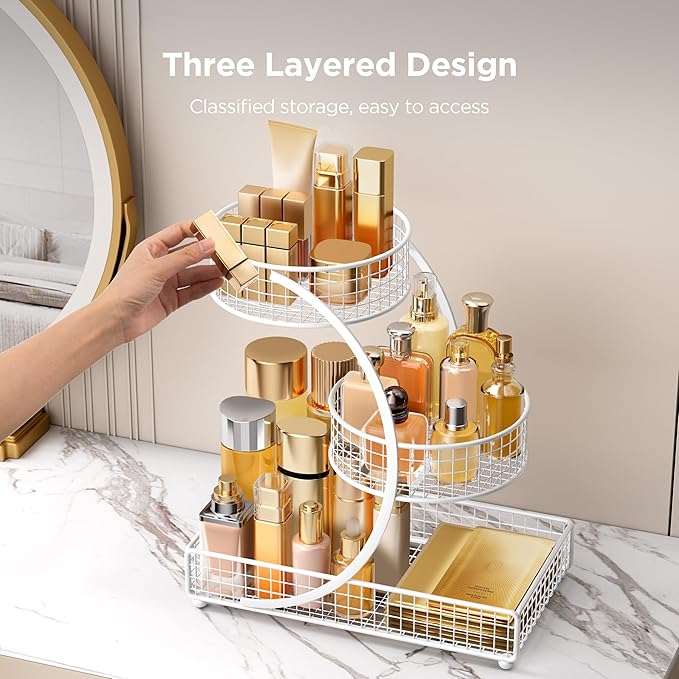 HBlife Makeup Organizer for Vanity, 3 Tier Metal Bathroom Countertop Organizers Skin Care Storage, Bathroom Counter Shelf Skincare Holder Perfume Cosmetic Display, White