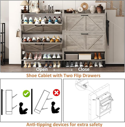 HOMEFORT Shoe Storage Cabinet for Entryway, 30" Freestanding Organizer with Two Flip Drawers, Narrow Hidden Shoe Rack with Wood Legs, Farmhouse Shoe Cabinet for Front Door Entrance,Washed Gray