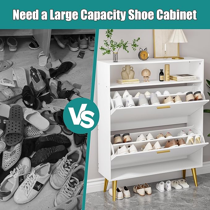JOZZBY Shoe Cabinet for Entryway, White Narrow Shoe Storage Cabinet with 2 Flip Drawers and Open Shelves, Hidden Freestanding Shoe Rack Storage Organizer for Hallway, Living Room