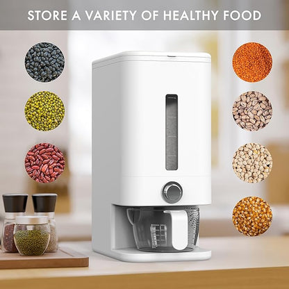 Rice Dispenser - 26.5 lbs Rice Storage Container with Measuring Cup, Rice Scoop & Sponge – Large Cereal Grain Bucket with Scale for Kitchen Pantry Organization, BPA-free, Airtight (White)