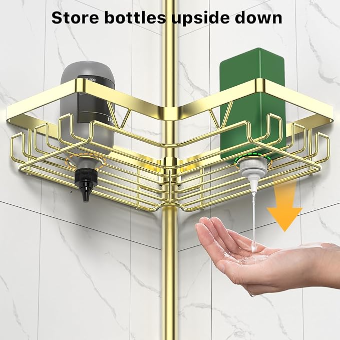 DAOYA Shower Caddy Tension Pole with 2 Soap Holders, Adjustable Corner Shower Caddy, Gold Finish, Expandable 25-114.2 Inches for Bathtub Corner, Bathroom Storage Organizer