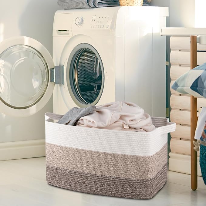 OIAHOMY Extra Large Blanket Basket, 95L Cotton Rope Woven Laundry Basket, Toy Bin for Baby Room, Container for Blanket Storage in Living Room, 24''×17''×14'', Gradient Brown
