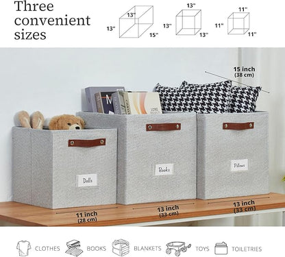 DECOMOMO Storage Baskets, 13x15x13 Storage Cube Bins with Labels for Organizing Shelves (Kallax / 4pcs, Light Texture Grey)