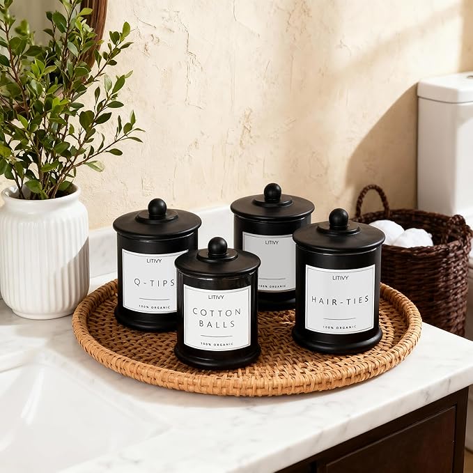 LITIVY 4 Pack Bathroom Organizers and Storage - 16 Oz Glass Qtip Holder & Cotton Pad Dispenser with Lid, Apothecary Jars for Home, Room Decor, Kitchen Organizer (Black)