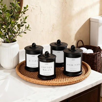 LITIVY 4 Pack Bathroom Organizers and Storage - 16 Oz Glass Qtip Holder & Cotton Pad Dispenser with Lid, Apothecary Jars for Home, Room Decor, Kitchen Organizer (Black)
