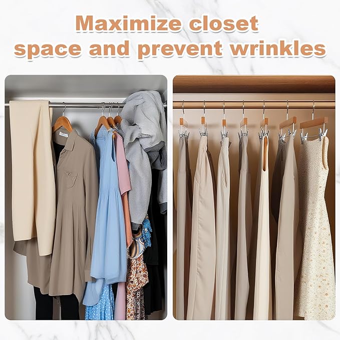 10 Pack Pants Hangers, Wood Clothes Hangers with 2-Adjustable Clips, Solid Wood Skirt Hanger, 360° Swivel Hook, Wooden Hanger for Jeans Shorts Slacks Skirts Trousers, Natural