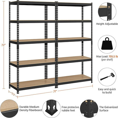 Topeakmart 2PCS 5-Tier Utility Shelves, Metal Storage Shelves Garage Shelving Unit Adjustable Garage Storage Shelves Storage Racks Heavy Duty Shed Shelving- Black, 35.5 x 17.5 x 72 Inch