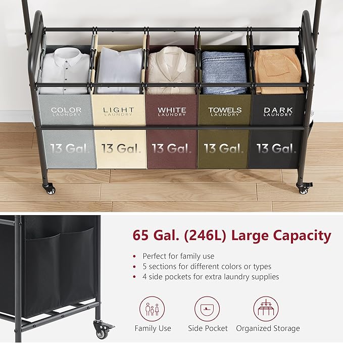 Tajsoon Laundry Sorter Cart with Hanging Rack, 5 Section Laundry Hamper, 246L (65 Gal.) Laundry Basket with Wheels, Removable Hamper Organizer for Dirty Clothes Bathroom Cloakroom, 5 Colors