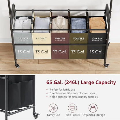 Tajsoon Laundry Sorter Cart with Hanging Rack, 5 Section Laundry Hamper, 246L (65 Gal.) Laundry Basket with Wheels, Removable Hamper Organizer for Dirty Clothes Bathroom Cloakroom, 5 Colors