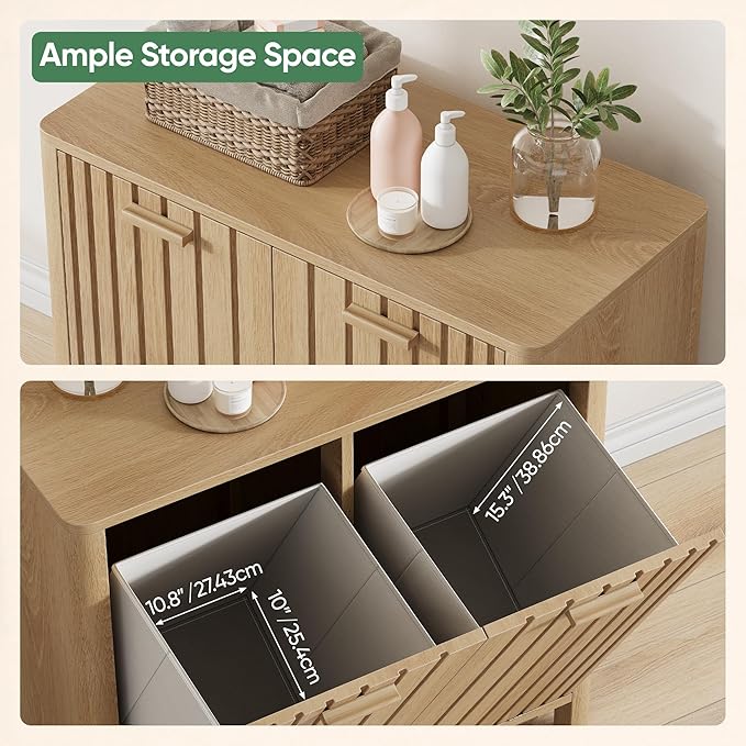 Double Tilt Out Laundry Hamper Cabinet, 11.8 Gallon Gradien Fluted Hidden Trash Cabinets with 2 Baskets for Bathroom Kitchen & Living Room, Freestanding Bathroom Storage Cabinet（Natural Oak）