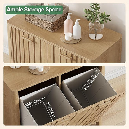 Double Tilt Out Laundry Hamper Cabinet, 11.8 Gallon Gradien Fluted Hidden Trash Cabinets with 2 Baskets for Bathroom Kitchen & Living Room, Freestanding Bathroom Storage Cabinet（Natural Oak）