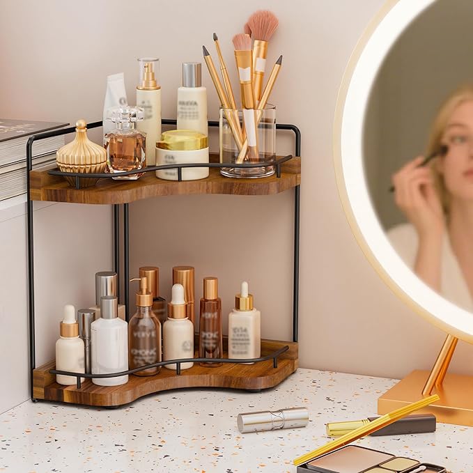 2-Tier Corner Bathroom Counter Organizer with Embedded Screw Holes, Secure & Stable Wood Vanity Shelf for Makeup and Skincare Essentials - Space Saving Bathroom Countertop Storage(Acacia wood-Brown)