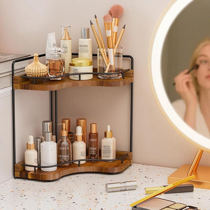 2-Tier Corner Bathroom Counter Organizer with Embedded Screw Holes, Secure & Stable Wood Vanity Shelf for Makeup and Skincare Essentials - Space Saving Bathroom Countertop Storage(Acacia wood-Brown)