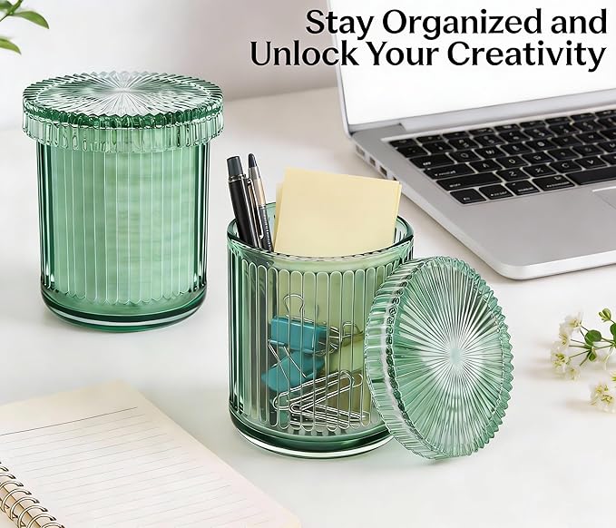 2 Pack Glass Qtip Holder Dispenser Set - Bathroom Organizer for Cotton Swabs, Balls, Pads, Floss Picks - Clear Apothecary Jars for Vanity, Makeup Storage, Bathroom Accessories Decor (Green)