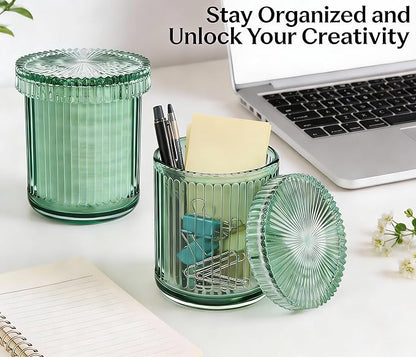 2 Pack Glass Qtip Holder Dispenser Set - Bathroom Organizer for Cotton Swabs, Balls, Pads, Floss Picks - Clear Apothecary Jars for Vanity, Makeup Storage, Bathroom Accessories Decor (Green)