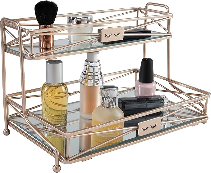 Home Details Mirrored, Perfect for Perfumes, Jewelry, Makeup, Cosmetic Organizer, Stylish Decor in Rose Gold 2 Tier Vanity Tower