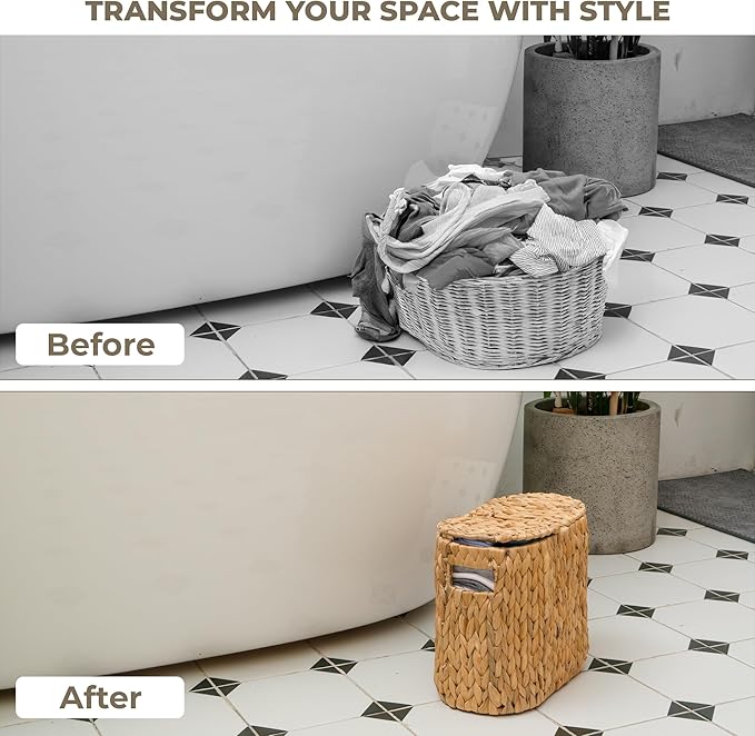 KOKODO Water Hyacinth Toilet Paper Storage Basket with Buit-in Handles, Free Standing with lid Storage Basket for Toilet Paper or Magazines, Toiletries, Cleaning Supplies Holder