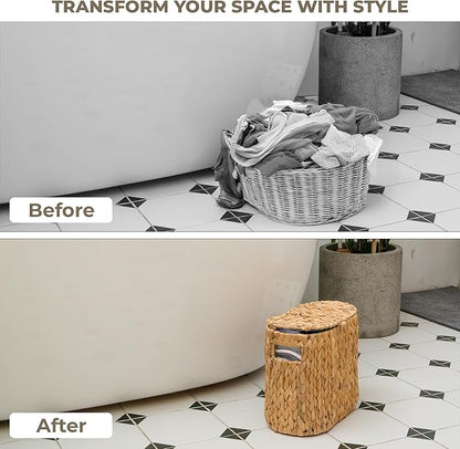 KOKODO Water Hyacinth Toilet Paper Storage Basket with Buit-in Handles, Free Standing with lid Storage Basket for Toilet Paper or Magazines, Toiletries, Cleaning Supplies Holder