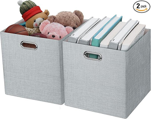 Thicker Fabric Storage Cubes 13 inch Collapsible Storage Bins for Organization, Cubby Storage Boxes for Organizing Shelf Cabinet Bookcase, 2pcs, Sliver Grey