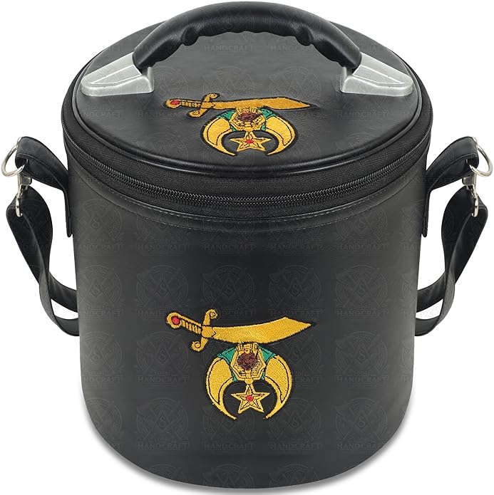 Shriner Black Fez Case – Premium Faux Leather Regalia Bag with Machine Embroidered Emblem, Handle & Shoulder Strap – Masonic Storage Case