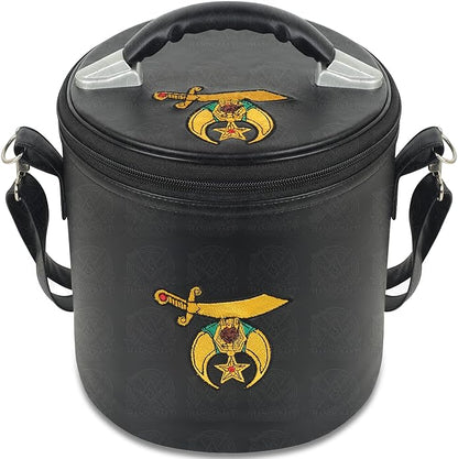 Shriner Black Fez Case – Premium Faux Leather Regalia Bag with Machine Embroidered Emblem, Handle & Shoulder Strap – Masonic Storage Case