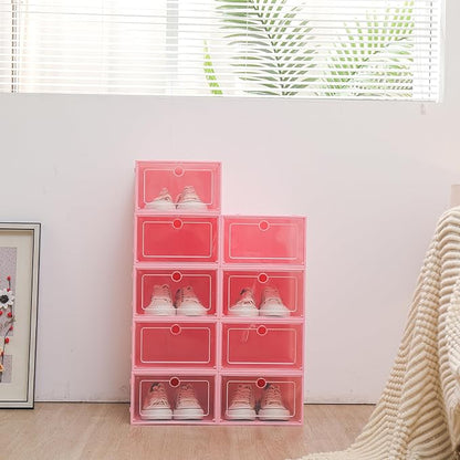 24 Pack Stackable Shoe Boxes with Clear Lids - Foldable Shoe Storage Organizer for Closet Cabinet, Color Options for Sneakers Flats Home Organization (Pink)