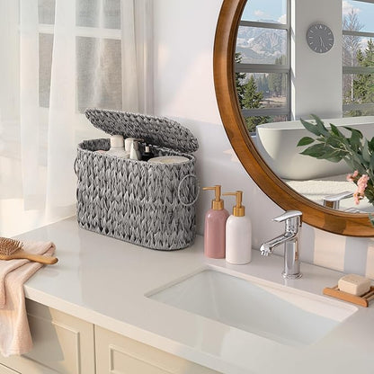 GRANNY SAYS Toilet Paper Storage Basket with Lid and Handle, Durable Toilet Paper Holder, Waterproof Bathroom Organizers and Storage, Wicker Basket for Bathroom Storage, Grey