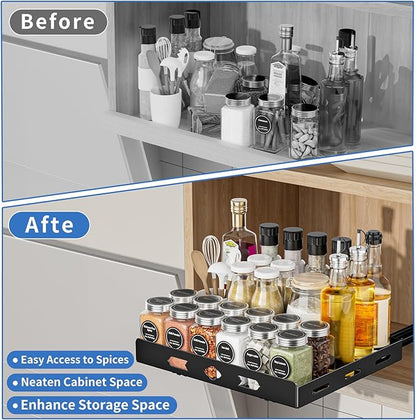 BOIVSHI Pull Out Spice Rack Organizer for Cabinet, 1 Tier Heavy Duty Spice Rack, Vertical Spice Rack for Kitchen Cabinet and Pantry (12.6''Wx10.5''Dx2.8''H, Metal Black)