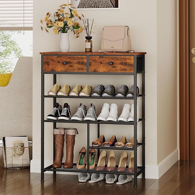 Snughome Shoe Rack, 5 Tier Shoe Storage Organizer with 2 Drawers, Shoe Storage Shelves with Sturdy Wooden Top and Metal Shelves, Free Standing Shoe Rack for Entryway Closet