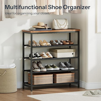 HOOBRO Shoe Rack with 4 PU Shelves, 5-Tier Shoe Storage Organizer for Closet and Entryway, Holds 12-16 Pairs of Shoes, Sturdy Metal Frame, Small Spaces, Rustic Brown and Black BF95XJ01