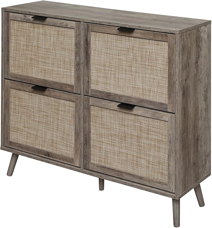 ZeHuoGe Rattan Shoe Cabinet with 4 Flip Drawers, Narrow Hidden Shoe Rack Rattan Storage Cabinet for Entryway, Large Shoe Organizer, Entrance Hallway (Dark Rustic Oak)