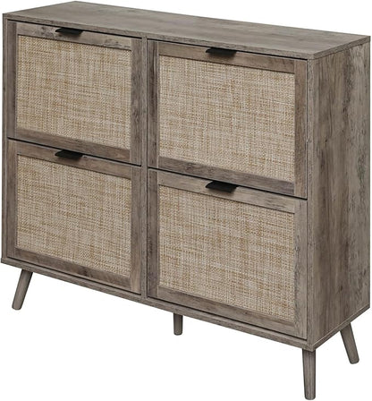 ZeHuoGe Rattan Shoe Cabinet with 4 Flip Drawers, Narrow Hidden Shoe Rack Rattan Storage Cabinet for Entryway, Large Shoe Organizer, Entrance Hallway (Dark Rustic Oak)