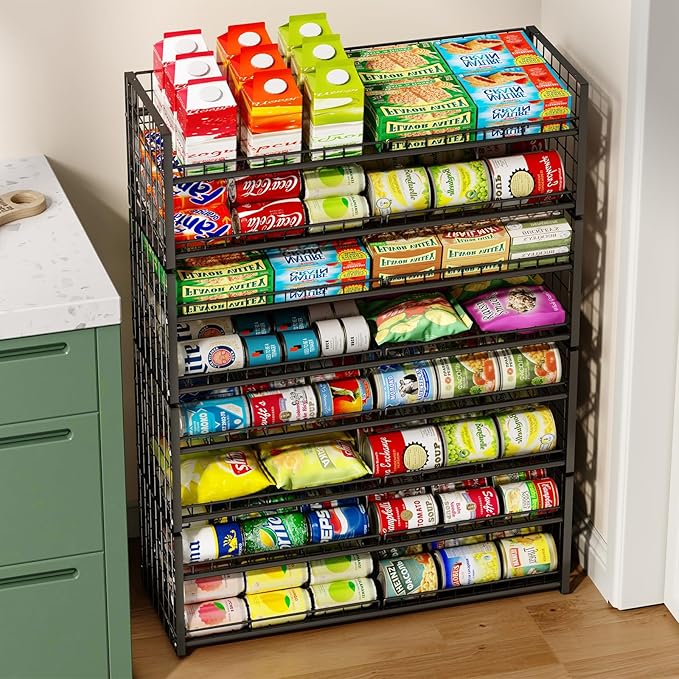 Sbanmao Extra-Long 2-Tier Stackable Can Organizer for Pantry, Sturdy Can Holder for Canned Soup Food Goods Storage up to 64 Cans, Black