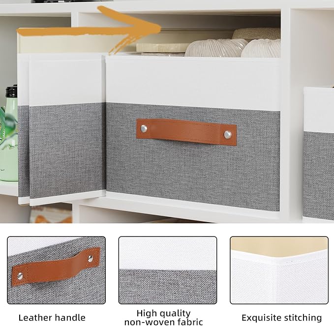 Storage Boxes, Storage Baskets with Handles, Cube Organizer Bins for Wardrobe Bedroom Laundry, 13 × 9.1 × 5.5 Inch, White and Grey, 4-Pack