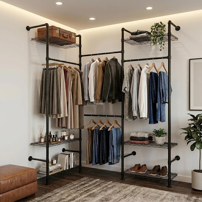 Wall Mounted Closet System – Adjustable Clothing Rack with 4 Expandable Rods & 6 Shelves, Heavy Duty Industrial Pipe Clothes Rack for Closet Organizer and Storage, Black