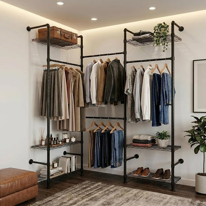 Wall Mounted Closet System – Adjustable Clothing Rack with 4 Expandable Rods & 6 Shelves, Heavy Duty Industrial Pipe Clothes Rack for Closet Organizer and Storage, Black