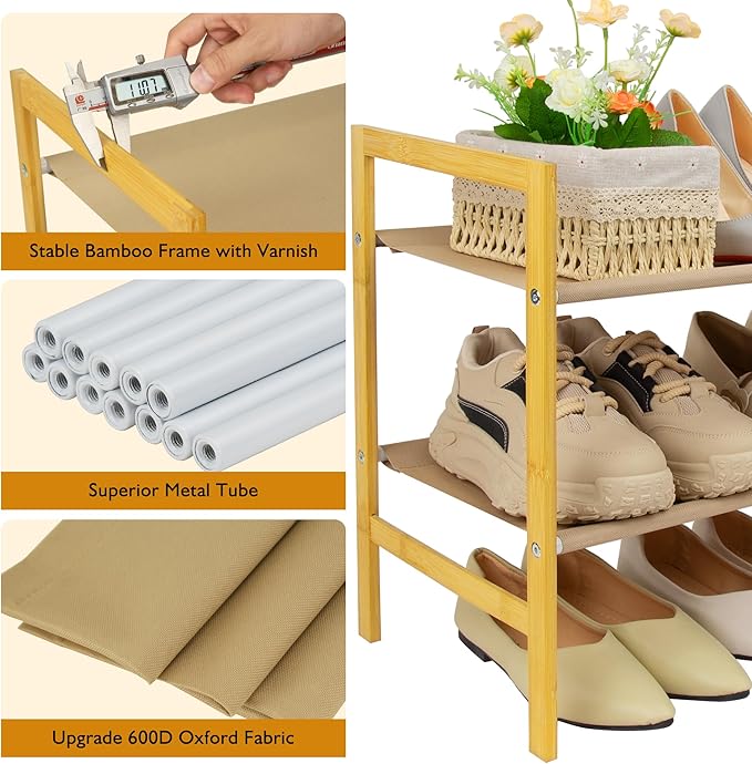 Long Shoe Rack for Closet Floor,2 Tier Wide Shoes Shelf Organizer,15-18 Pairs Bamboo Low Closet Shoe Stand Holders,Modern Sturdy Shoe Storage Rack for Entryway,49” x 11” x 17”