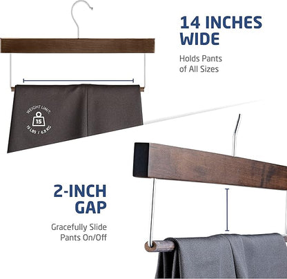 ZOBER High-Grade Wooden Slack/Trouser Pants Hangers with Non Slip Bar Smooth Finish, Durable Wooden Hangers - Slim & Sleek Space Saving Closet Hangers, 360° Hook- Ideal for Pant (Vintage, 10)
